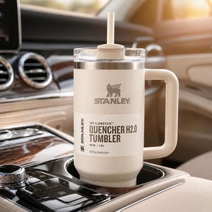 May include: A cream-coloured Stanley Quencher H2.0 tumbler with a handle and straw, in a car console. The tumbler features the Stanley logo and text: "QUENCHER H2.0 TUMBLER" and "40 OZ | 1.1L". The car interior has wood grain and chrome detailing.