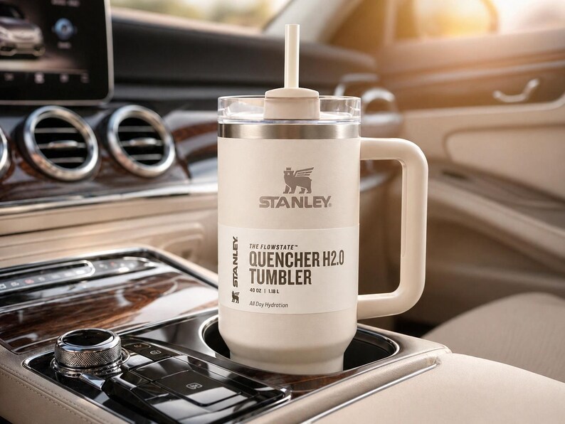 May include: A cream-coloured Stanley Quencher H2.0 tumbler with a handle and straw, in a car console. The tumbler features the Stanley logo and text: "QUENCHER H2.0 TUMBLER" and "40 OZ | 1.1L". The car interior has wood grain and chrome detailing.