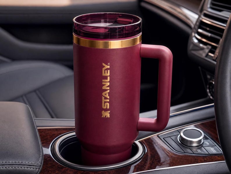 May include: A burgundy Stanley travel mug with a gold band and handle, resting in a car's cup holder. The mug has a clear lid and the Stanley logo in gold. The interior of the car is visible in the background.
