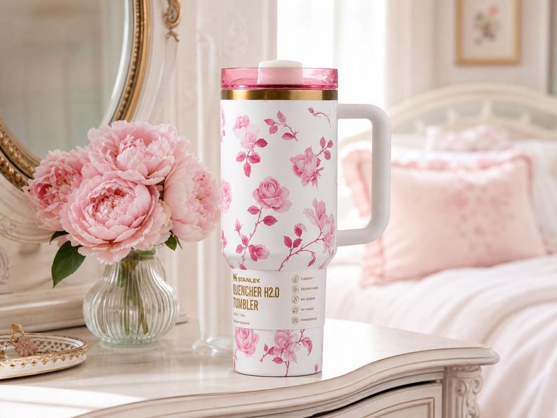 May include: White Stanley Quencher H2.0 tumbler with a pink floral pattern. The tumbler has a pink lid and handle, with gold accents. The design features pink roses and green leaves. The tumbler is on a white surface next to a vase of pink peonies.