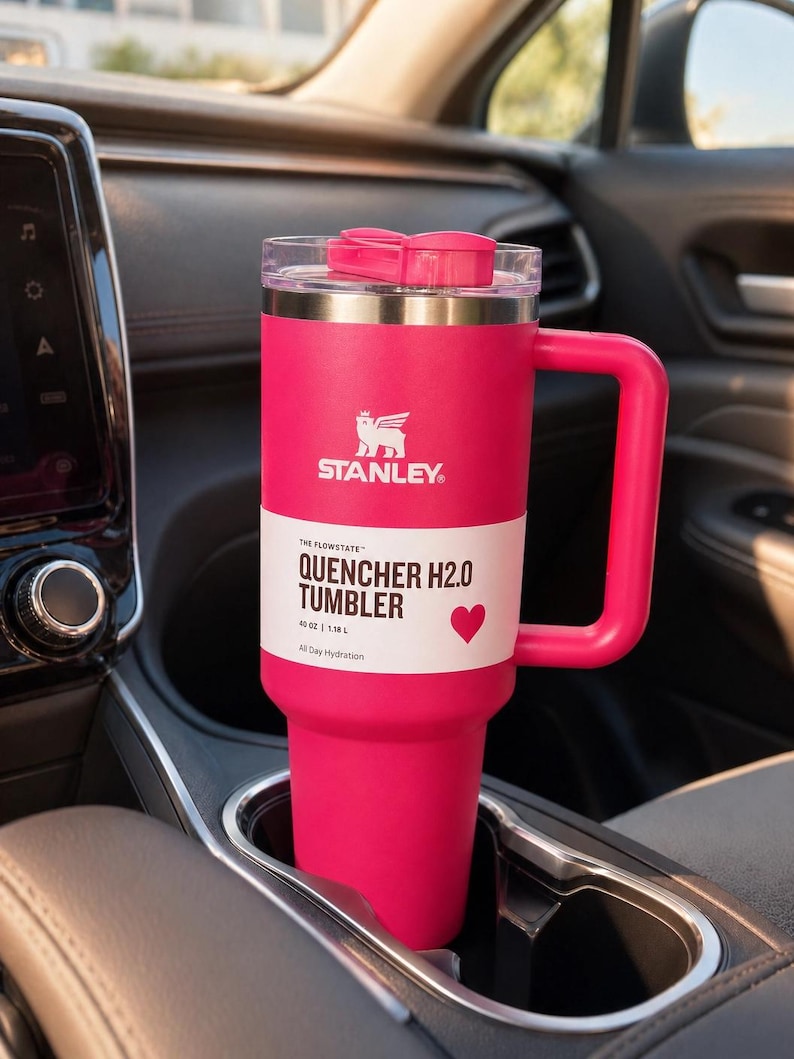 Puede incluir: Un vaso Stanley Quencher H2.0 rosa brillante, 1,18 L, con asa, est&aacute; en el portavasos de un coche. El vaso tiene una banda blanca con el texto "QUENCHER H2.0 TUMBLER" y un s&iacute;mbolo de coraz&oacute;n. El logotipo de Stanley es visible.