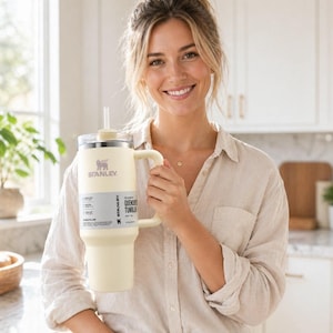 May include: A cream-colored Stanley Quencher Tumbler with a handle and straw. The tumbler has the Stanley logo and product information on a label. The image shows the tumbler being held in a kitchen setting.
