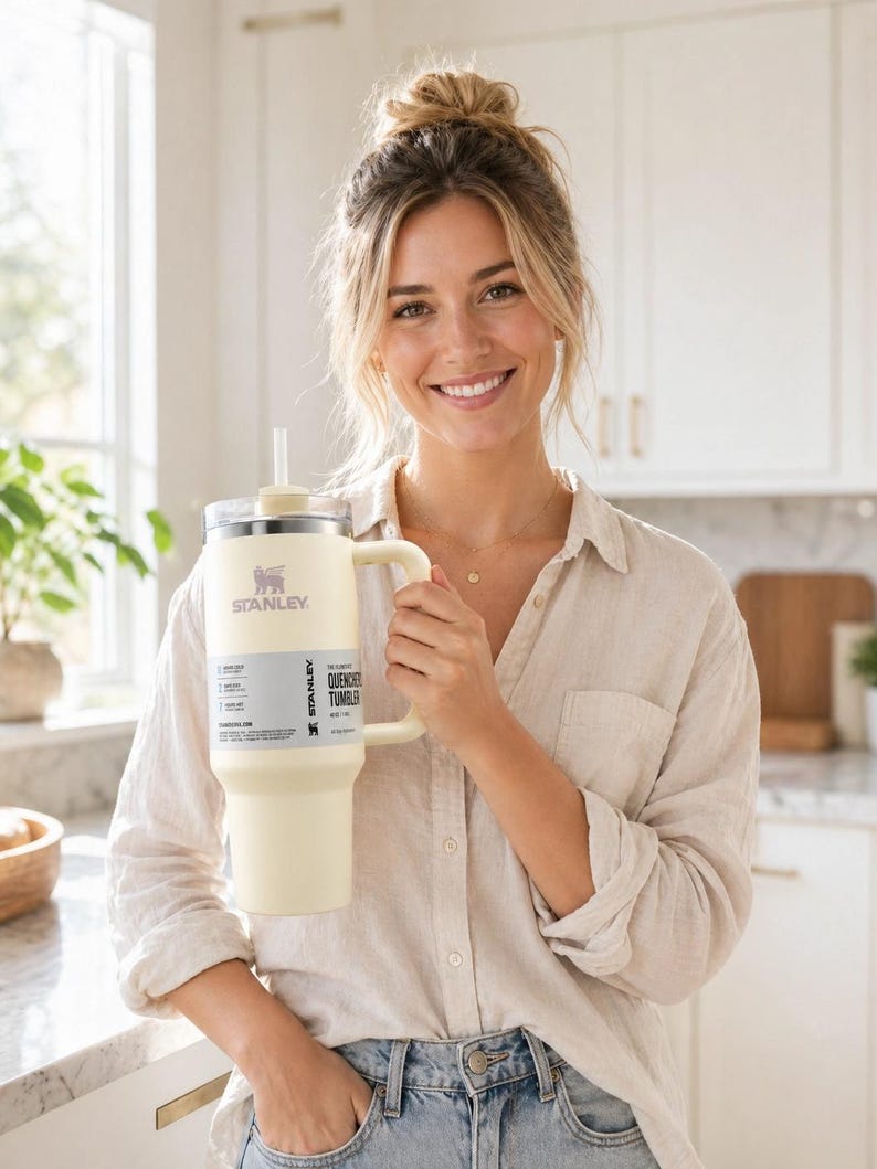 May include: A cream-colored Stanley Quencher Tumbler with a handle and straw. The tumbler has the Stanley logo and product information on a label. The image shows the tumbler being held in a kitchen setting.