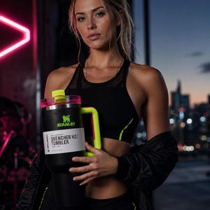 Pu&ograve; includere: Un bicchiere Stanley Quencher H2.0 nero con manico e dettagli verde neon. Il bicchiere ha un'etichetta bianca con testo nero. La persona nell'immagine indossa un reggiseno sportivo nero e pantaloncini sportivi neri con dettagli verde neon.