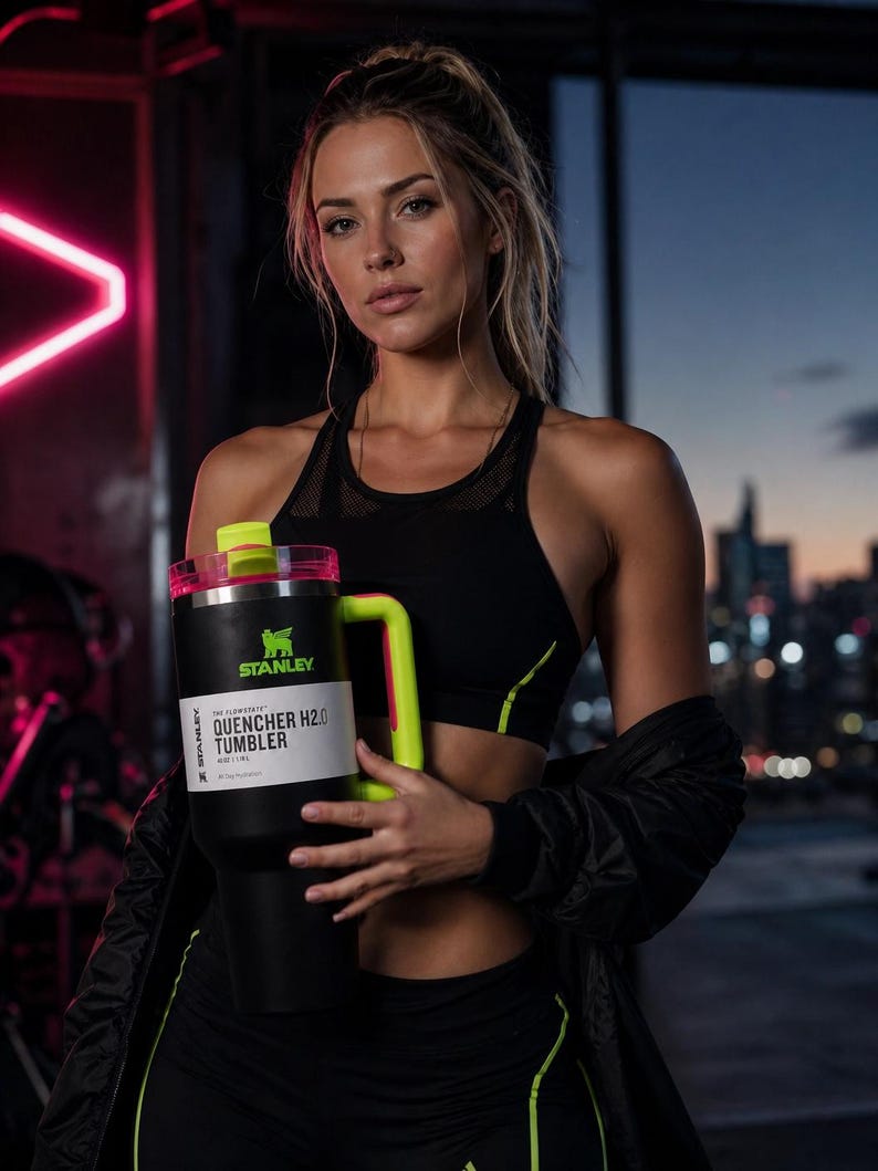 Pu&ograve; includere: Un bicchiere Stanley Quencher H2.0 nero con manico e dettagli verde neon. Il bicchiere ha un'etichetta bianca con testo nero. La persona nell'immagine indossa un reggiseno sportivo nero e pantaloncini sportivi neri con dettagli verde neon.