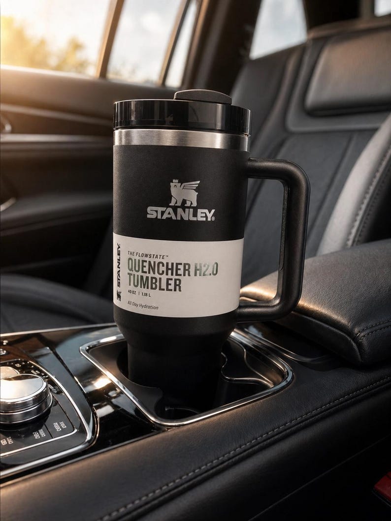 Może przedstawiać: Czarny kubek Stanley Quencher H2.0 z uchwytem, w uchwycie na kubek w samochodzie. Kubek ma czarną pokrywkę i biały pasek z napisem "QUENCHER H2.0 TUMBLER". Widoczne logo Stanley. Pojemność: 1,18 L.