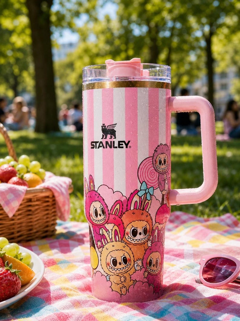 Pu&ograve; includere: Un bicchiere Stanley a righe rosa e bianche con manico, con un design a cartoni animati di mostri. Il bicchiere ha un coperchio trasparente e il logo Stanley. Lo sfondo mostra un picnic con frutta e occhiali da sole.