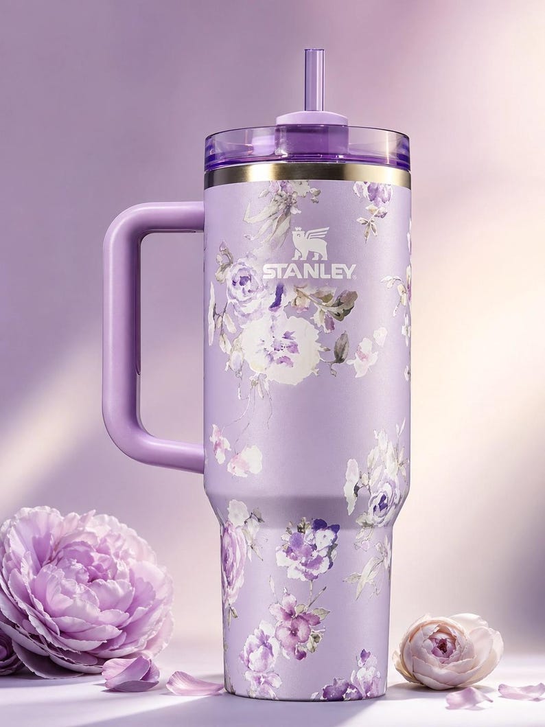 May include: A lavender Stanley tumbler with a floral design featuring white and purple flowers. The tumbler has a handle, a straw, and a clear lid with a gold rim. The Stanley logo is visible on the front.