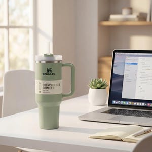 Op de afbeelding: Een saliegroene Stanley Quencher H2.0 Tumbler met een handvat en een rietje staat op een wit bureau. De tumbler heeft een wit etiket met zwarte tekst. Een laptop, notitieboek en kleine vetplant staan ook op het bureau.