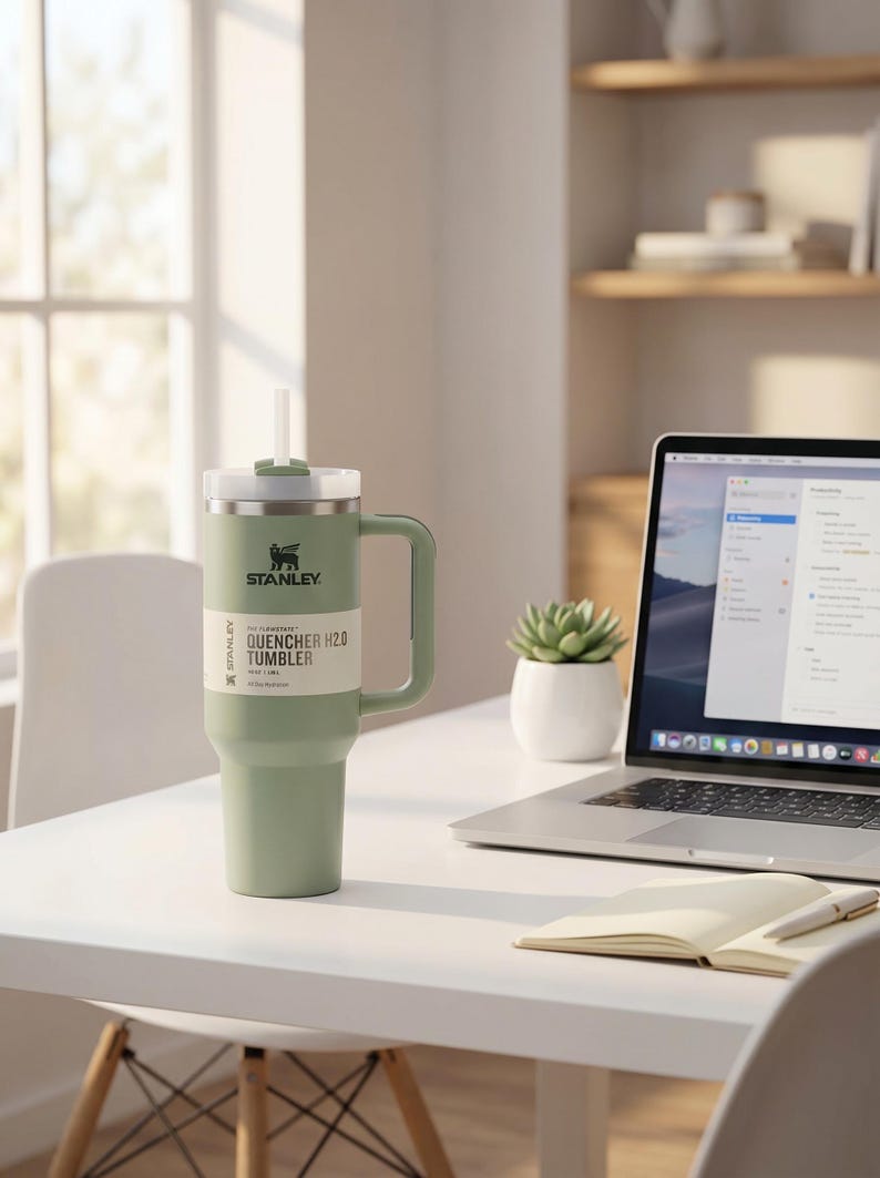 Op de afbeelding: Een saliegroene Stanley Quencher H2.0 Tumbler met een handvat en een rietje staat op een wit bureau. De tumbler heeft een wit etiket met zwarte tekst. Een laptop, notitieboek en kleine vetplant staan ook op het bureau.