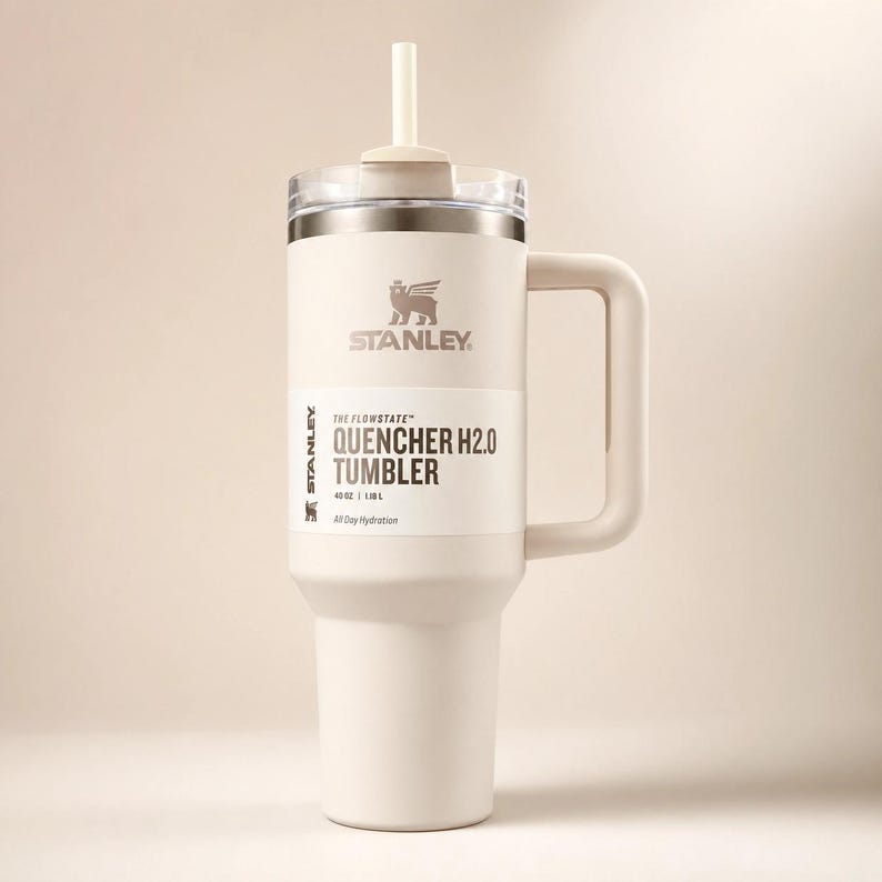 May include: Cream-coloured Stanley Quencher H2.0 Tumbler with a handle and straw. The tumbler has the Stanley logo and the text "QUENCHER H2.0 TUMBLER" printed on the front. It is designed for all-day hydration and holds 1.18L.