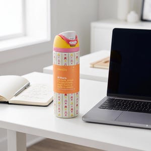 Peut inclure: Une gourde Owala color&eacute;e avec un motif floral et une &eacute;tiquette orange indiquant "Hi there. I'm leak proof. I'm insulated. And I have a built-in straw." Le bouchon est jaune et poss&egrave;de un bouton poussoir.