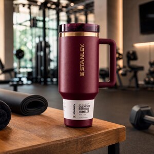 May include: A maroon Stanley Quencher Protour tumbler with a handle, gold trim, and a white label. The tumbler is on a wooden surface next to a rolled-up yoga mat and a black towel. The background is a gym.