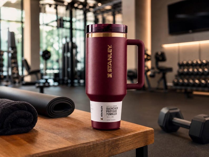 May include: A maroon Stanley Quencher Protour tumbler with a handle, gold trim, and a white label. The tumbler is on a wooden surface next to a rolled-up yoga mat and a black towel. The background is a gym.