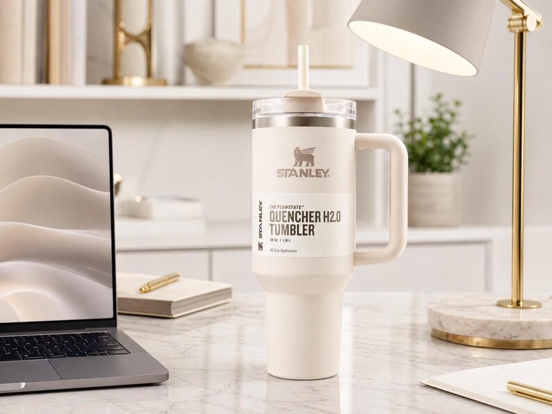May include: Cream-coloured Stanley Quencher H2.0 Flowstate tumbler with a handle and straw. The tumbler has the Stanley logo and product information printed on the side. It sits on a white marble surface next to a laptop and a desk lamp.
