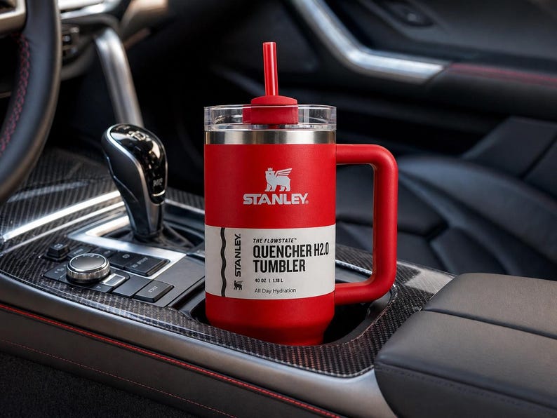 K&ouml;nnte beinhalten: Ein roter Stanley Quencher H2.0 Becher mit Henkel und Strohhalm, ca. 1,18L Fassungsverm&ouml;gen. Der Becher hat das Stanley-Logo und Produktinformationen auf einem wei&szlig;en Etikett. Er steht in einem Getr&auml;nkehalter im Auto.