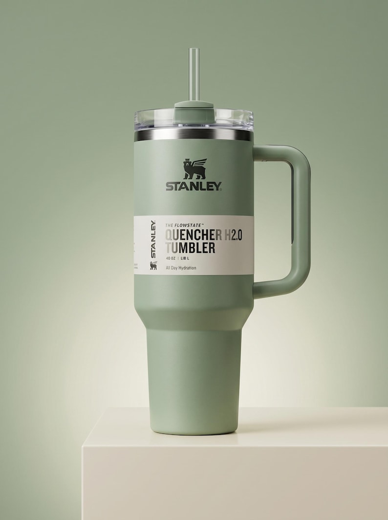 Op de afbeelding: Een saliegroene Stanley Quencher H2.0 Tumbler met een handvat en een rietje. De tumbler heeft een doorzichtig deksel en een wit label met de tekst "QUENCHER H2.0 TUMBLER" en het Stanley-logo. Hij bevat 1,18L.
