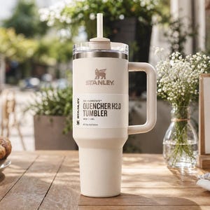 May include: A cream-coloured Stanley Quencher H2.0 tumbler with a handle and straw. The tumbler has the Stanley logo and product information printed on it. The tumbler is on a wooden table with pastries and flowers in the background.