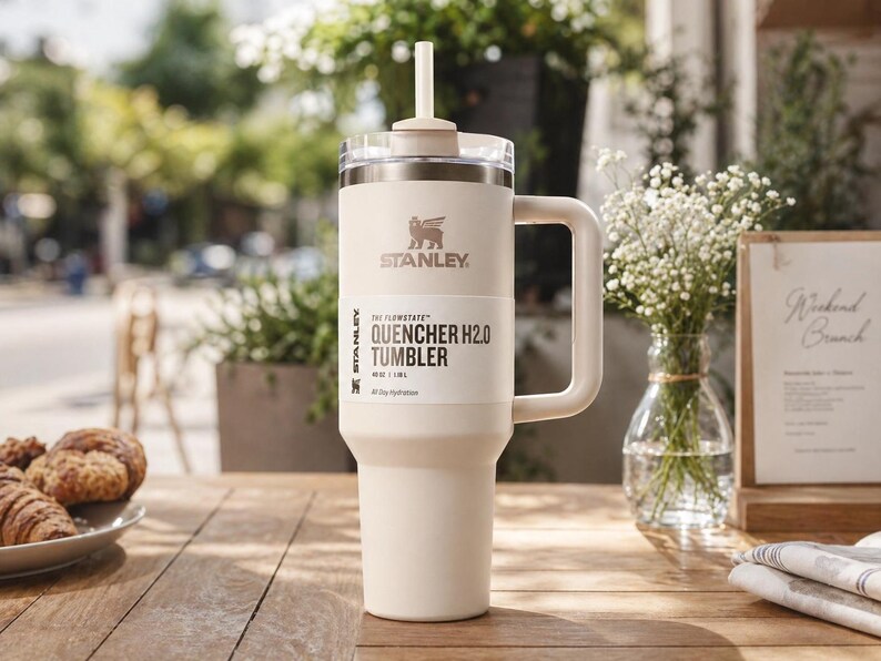 May include: A cream-coloured Stanley Quencher H2.0 tumbler with a handle and straw. The tumbler has the Stanley logo and product information printed on it. The tumbler is on a wooden table with pastries and flowers in the background.