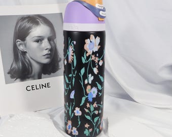 Owala 24oz Insulated Water Bottle, Black Pastel Floral Travel Tumbler