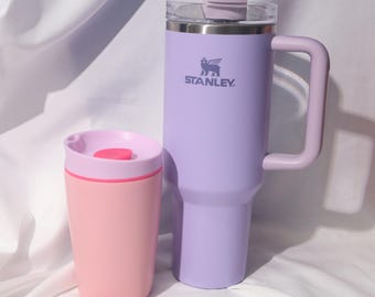 Juego de vasos Stanley: vaso de 40 oz con asa morada + mini vaso rosa de 12 oz
