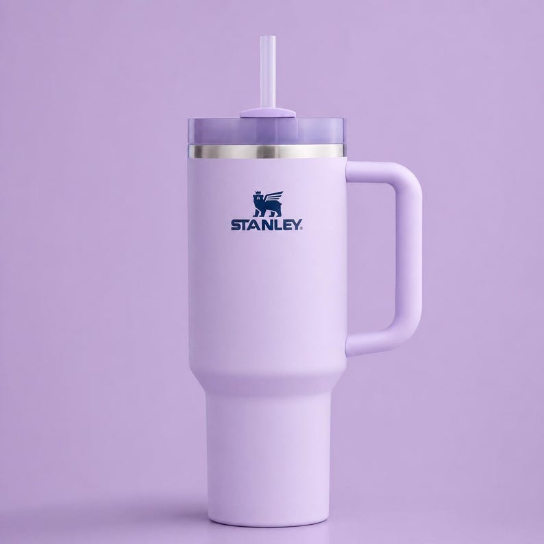 Puede incluir: Un vaso Stanley grande, de color lavanda, con asa y pajita. El vaso tiene tapa y una banda plateada cerca de la parte superior. El logotipo de Stanley est&aacute; impreso en azul en la parte delantera. El fondo es de color lavanda a juego.