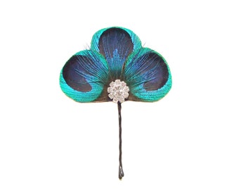 Peacock Feather Hair Pin Accessory Teal Navy Blue Bridesmaid Hair Accessories Peacock Feather Hair Clip Piece Rhinestone Peacock Bobby Pin