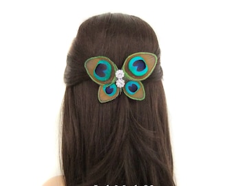 Peacock Feather Hair Piece, Peacock Wedding Ideas, Bridal Hair Accessories, Feather Fascinator, Handmade Peacock Feather Butterfly Hair Clip