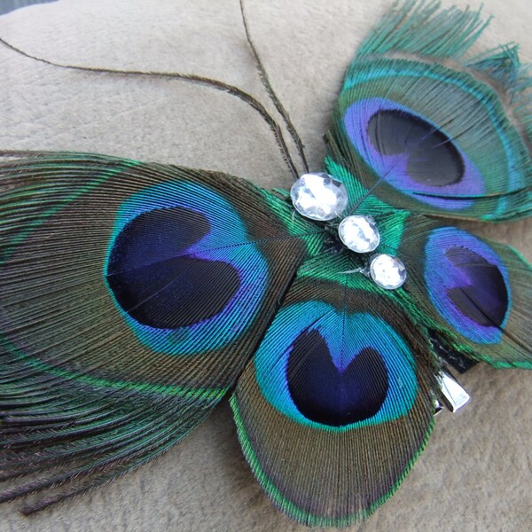 Butterfly Peacock Feather Hair Clip Fascinator, peacock feather hair accessories