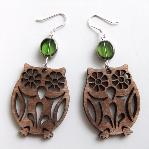 Wooden Owl Earrings - Sterling Silver - Owl Jewelry - Owl Accessories
