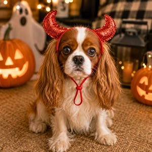 Puede incluir: Un Cavalier King Charles Spaniel marrón y blanco que lleva una diadema de cuernos de diablo rojos brillantes con una correa ajustable para la barbilla. El perro tiene orejas largas y onduladas y una mancha blanca en la cara, mirando al frente.