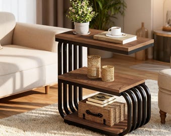 Industrial Narrow End Table, 3 Tier Vintage Bedside Stand, Rustic Metal Side Table for Small Spaces, Living Room Nightstand