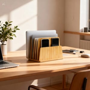 Bamboo Multi Device Organizer, 5 Slot Laptop & Tablet Charging Station, Vertical Desk Storage Rack, Space Saving Home Office Dock
