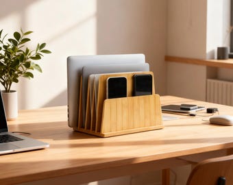 Bamboo Multi Device Organizer, 5 Slot Laptop & Tablet Charging Station, Vertical Desk Storage Rack, Space Saving Home Office Dock