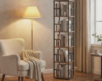 5 Tier Rotating Bookshelf 360 Spinning Corner Bookcase Industrial Rustic Wood Storage Rack for Living Room Bedroom Small Space Organizer