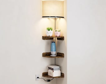 Corner Floating Shelves Set of 3 with LED Light, Wall Mounted Shelf with Cable Hole, Space Saving Decor for Living Room Bedroom Kitchen