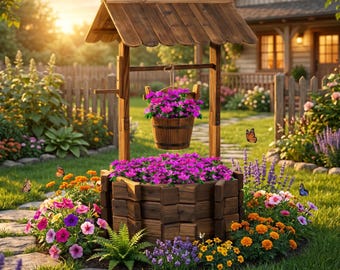 Rustic Wooden Wishing Well Planter for Patio & Garden, Outdoor Flower Pot Decor with Hanging Bucket, Farmhouse Yard Accent