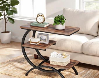 Industrial C-Shaped End Table, 3 Tier Side Table for Couch & Bed, Rustic Wood Snack Table with Storage for Small Spaces