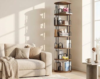 6 Tier Rotating Bookshelf Tower | 360 Revolving Bookcase, Space-Saving Corner Storage Organizer for Home, Office, Small Spaces
