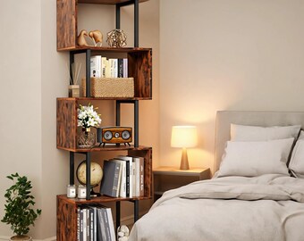 Modern 6 Tier S-Shaped Bookshelf | Tall Geometric Bookcase, Wood & Metal Display Shelf for Living Room, Bedroom, Office Decor