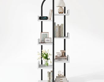 Curved Corner Bookshelf 6 Tier Space-Saving Bookcase with Staggered Shelves Anti Tip Safety Adjustable Feet for Living Room Bedroom Office