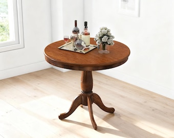 Round Wooden Dining Table for 2-4 People, 32” Pedestal Kitchen Table, Small Space Dining Room Furniture, Walnut Finish Bistro Table