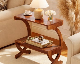 Modern Walnut End Table with Storage Shelf, 2 Tier Side Table for Living Room Bedroom Small Spaces, Farmhouse Accent Table