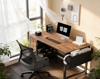 White Computer Desk with Drawers 47 Inch  Modern Writing Desk with Storage Shelf  Small Space Study Table for Bedroom Home Office