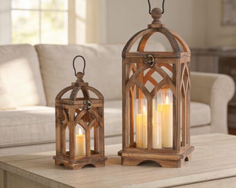 Rustic Wooden Candle Lantern Set of 2 Farmhouse Decor Brown Wedding Table Centerpiece Vintage Wood Lanterns Home Decoration 12” 16