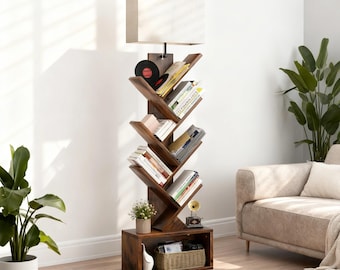 6-Tier Tree Bookshelf with LED Light, Tall Narrow Bookcase Tower, Floor Standing Organizer with Cabinet, Space Saving Shelf for Home Office