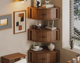Floating Corner Shelf Set of 3, Wall Cabinet Organizer with Sliding Doors, Fluted Wood Shelves for Small Spaces, Living Room Bedroom Decor