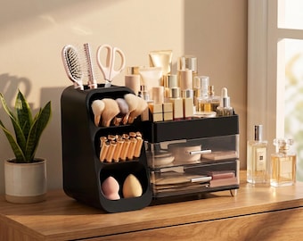 Makeup Organizer with Brush Holder, Vanity Countertop Storage for Lipstick Perfume Nail Polish Eyeshadow Palette