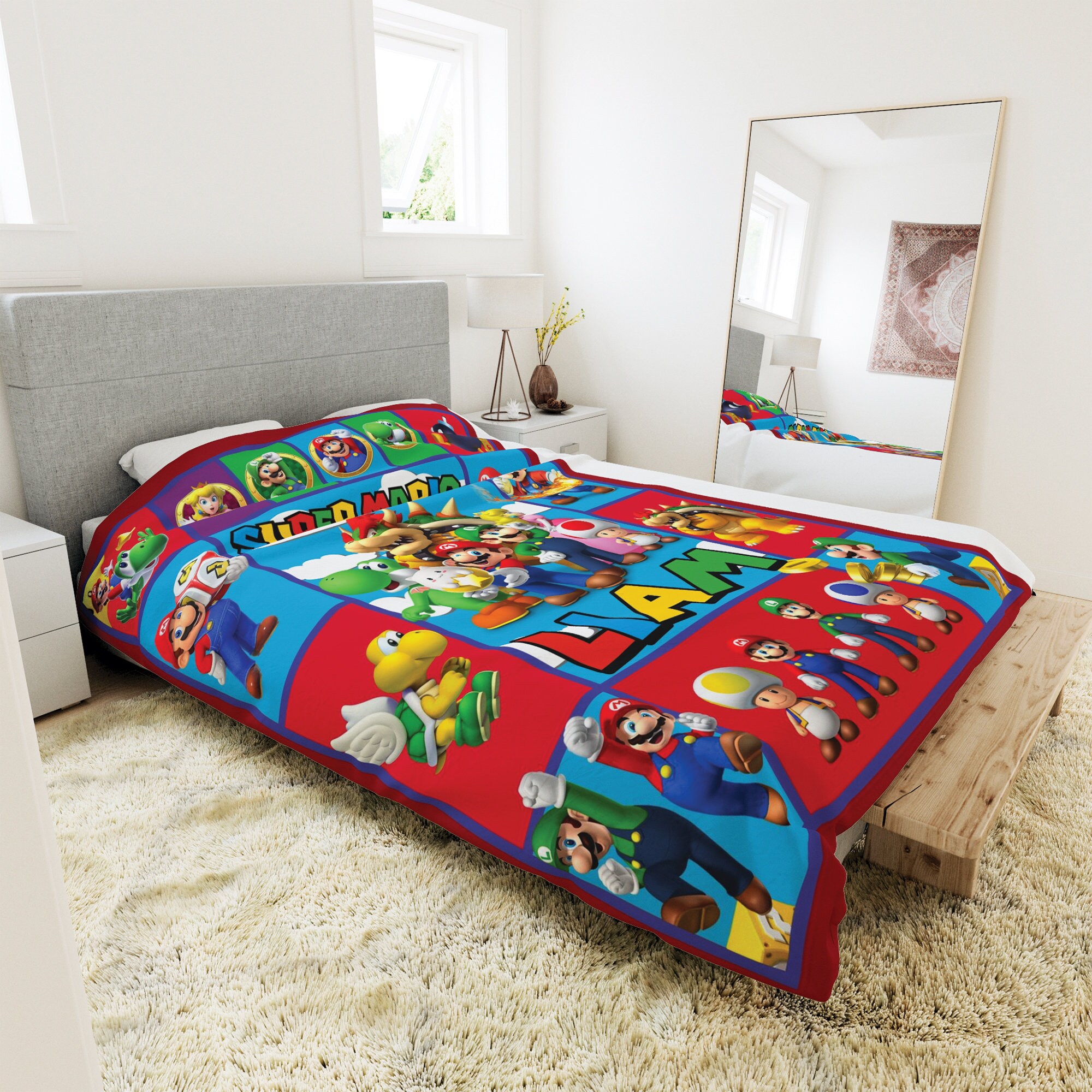 Custom Super Mario Fleece Blanket, Super Mario Lovers Gift, Super Mario Birthday Kid Gift Fleece Blanket