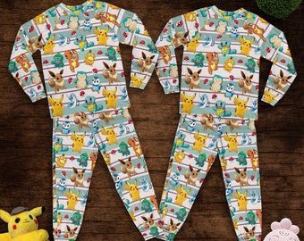 PKM Pajamas Set Summer, Pikachu Pajamas Set, Summer Vacation Pajamas Set, Family Pajamas Beach Shirt,Pajamas For Vacation